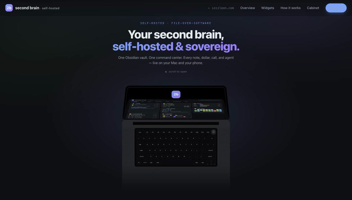 Hero of the 2b Second Brain showcase at szczleon.com/2b: the headline your second brain, self-hosted and sovereign, above a laptop rendering the live 2b widget board.