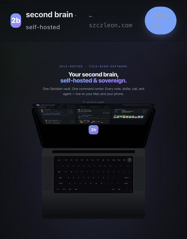 The 2b Second Brain showcase at phone width: the self-hosted and sovereign headline stacked above the laptop mockup of the widget board.
