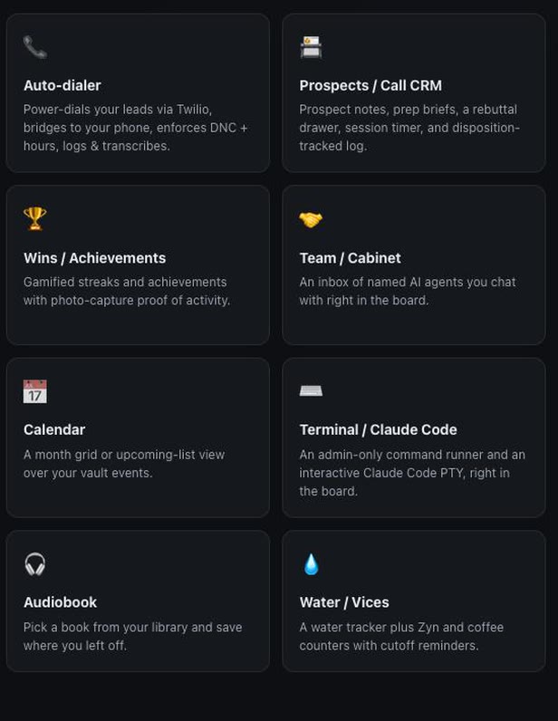 Tall stack of 2b widget cards led by Auto-dialer, which power-dials leads through Twilio, enforces do-not-call rules and calling hours, then logs and transcribes each call, above Prospects CRM, Wins, Cabinet, Calendar and Terminal.