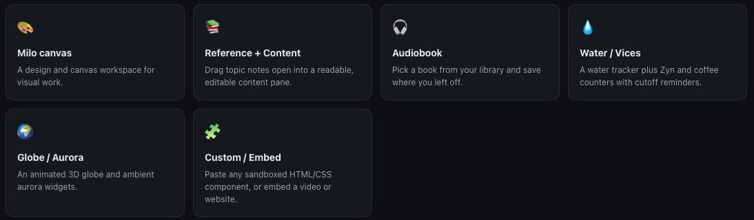Lower rows of the 2b widget catalogue: Milo canvas, Reference and Content, Audiobook, Water and Vices tracker, an animated 3D Globe with aurora, and Custom Embed for sandboxed HTML.