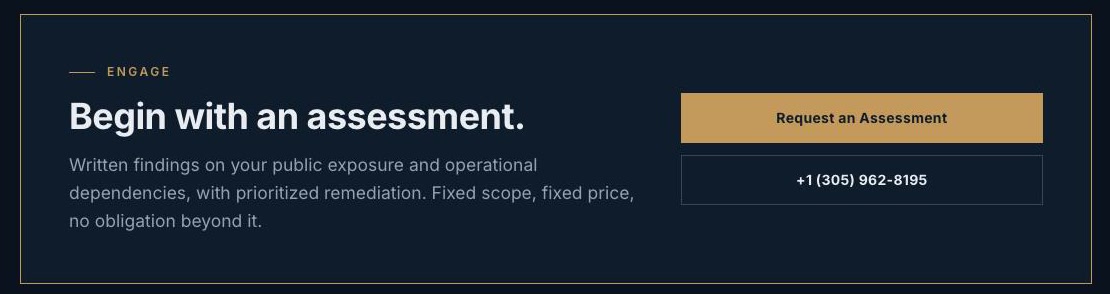 Chainbridge Systems closing card: begin with an assessment, fixed scope and fixed price, with a request an assessment button beside a direct phone number.