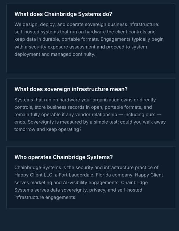 Chainbridge Systems FAQ column answering what the company does, what sovereign infrastructure means, and who operates it, marked up on the page as FAQPage schema.