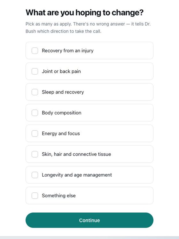 One question per screen booking wizard on the Dr. Bush concept sketch asking what are you hoping to change, with checkbox answers from injury recovery to longevity and a continue button.