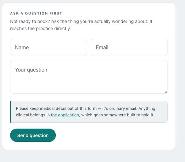 Ask a question form on the Dr. Bush concept sketch with name, email and question fields above a privacy note and a send button.
