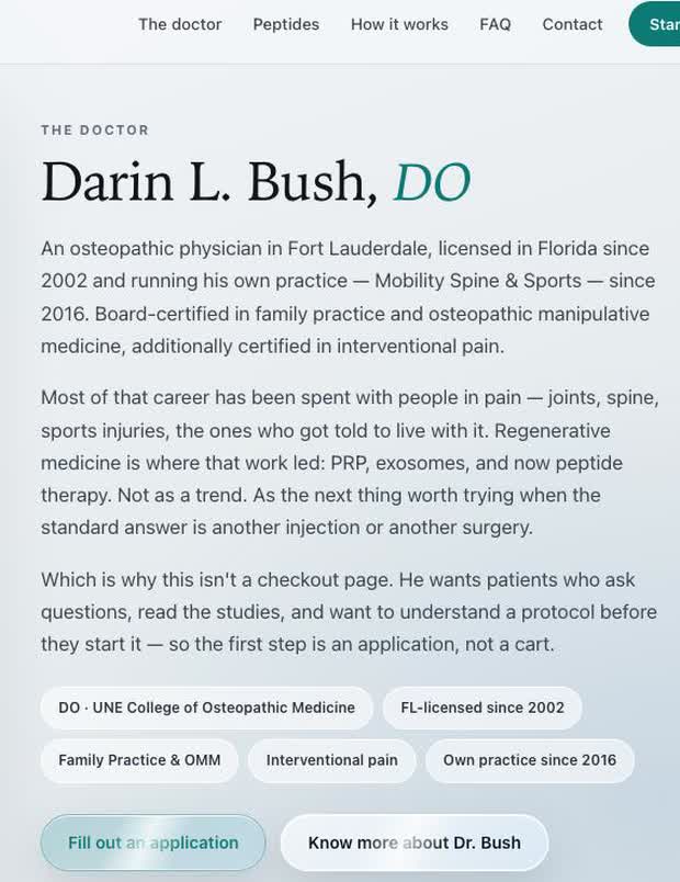 Physician bio panel on the Dr. Bush concept sketch for Darin L. Bush, DO, an osteopathic physician running his own Fort Lauderdale practice, with board certification pills beneath the text.