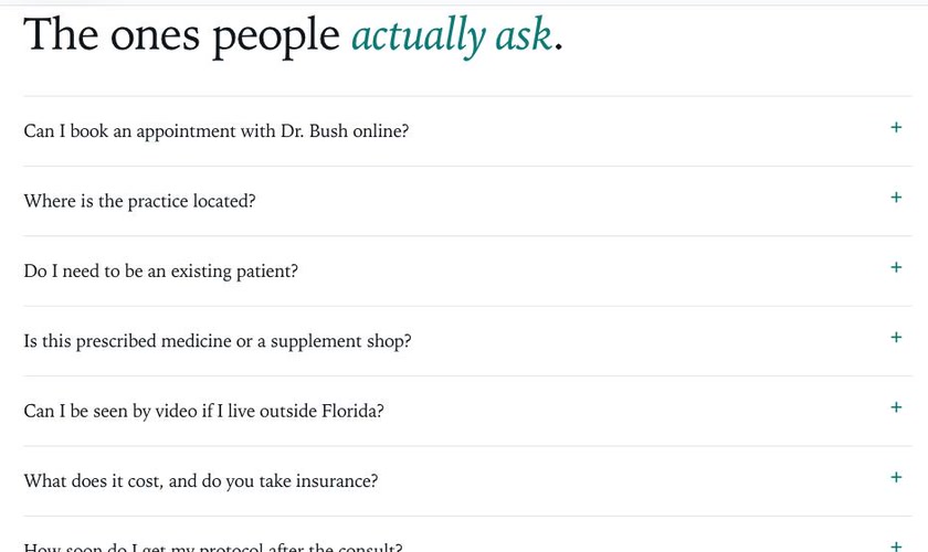 FAQ accordion on the Dr. Bush concept sketch covering online booking, practice location, existing patients, insurance, and video consults for patients outside Florida.