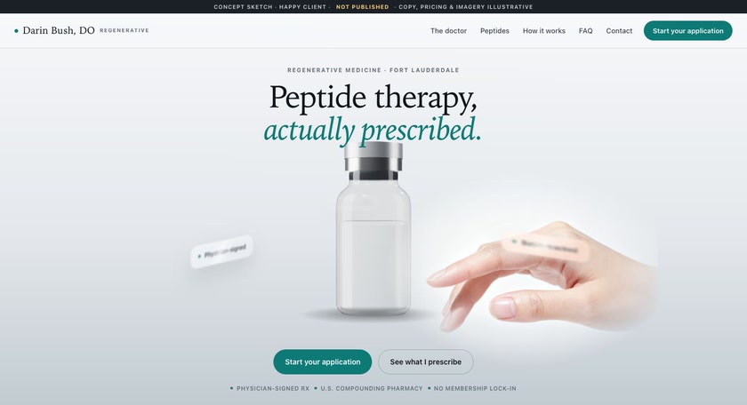 Hero of the Dr. Bush peptide clinic concept sketch: an illustrated vial and hand under the headline peptide therapy, actually prescribed, with a start your application button.