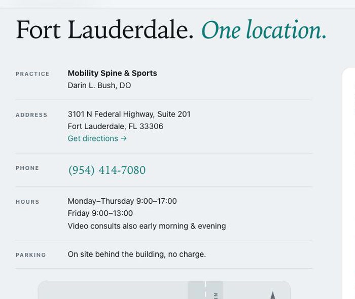 Location block on the Dr. Bush concept sketch: the Fort Lauderdale practice address on North Federal Highway with phone number, opening hours, video consult note and parking directions.