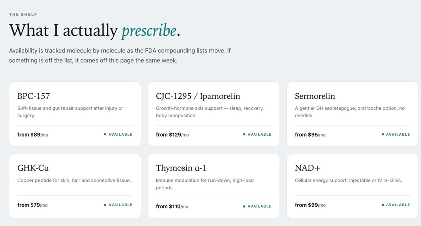 Peptide menu on the Dr. Bush concept sketch: six molecule cards for BPC-157, CJC-1295 with Ipamorelin, Sermorelin, GHK-Cu, Thymosin alpha-1 and NAD+, each with illustrative pricing and an availability badge.