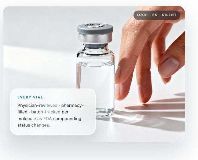 Annotated product shot on the Dr. Bush concept sketch: a peptide vial with a callout naming physician review, pharmacy fill, batch tracking and compounding status.