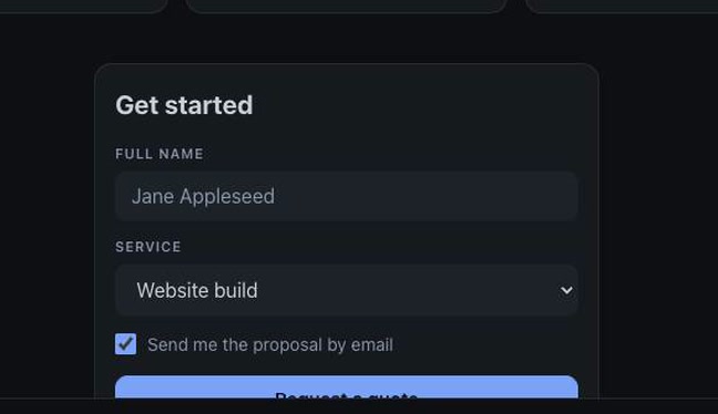 Lead form generated inside the Forge live preview from the configurator settings, with a name field, a service selector and an email opt-in checkbox.