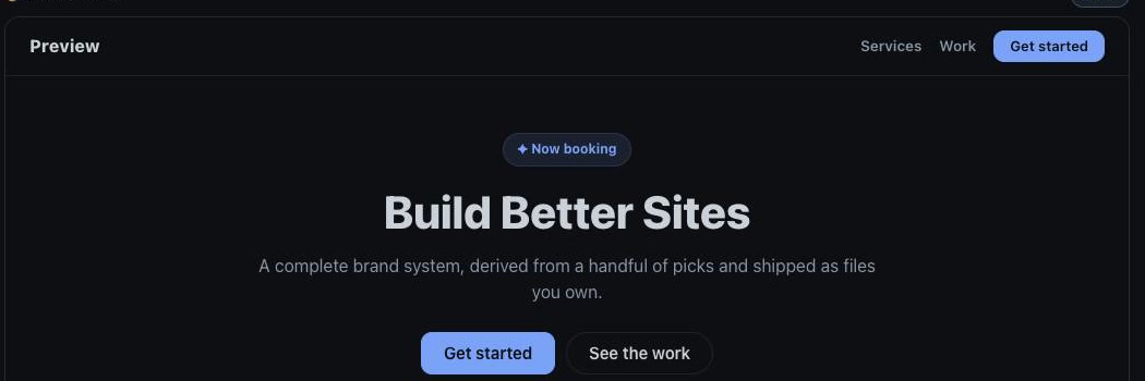 Forge live preview pane rendering a sample brand system in real time as configurator settings change, headed by a preview toolbar and a dark mode toggle.