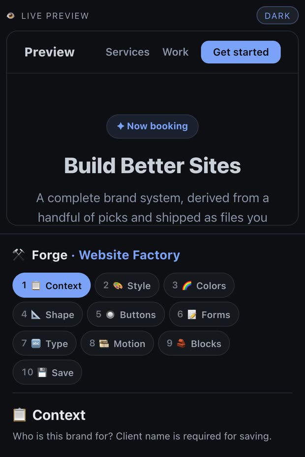 Forge Website Factory at phone width: the live preview on top, the ten numbered configurator steps as chips, and the client context form below.