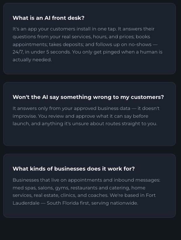 Happy Client FAQ column explaining what an AI front desk is, whether the AI can say something wrong, and what kinds of business it suits.