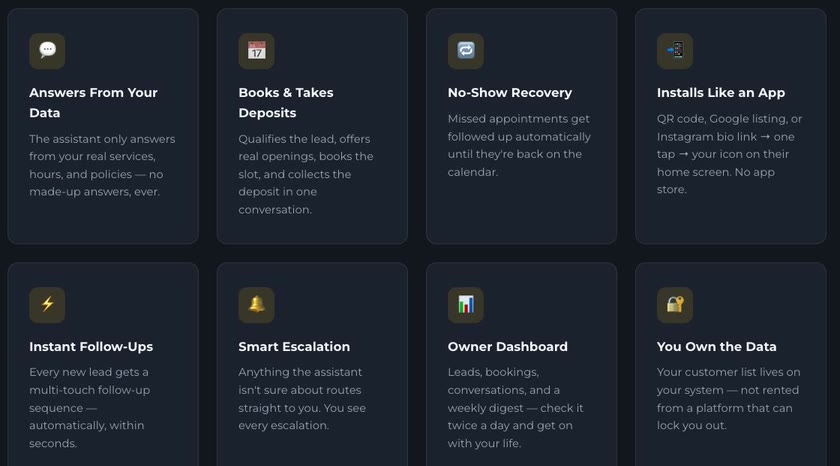 Happy Client AI front desk capability cards: answers from your data, books and takes deposits, no-show recovery, installs like an app, instant follow-ups, smart escalation, owner dashboard, you own the data.