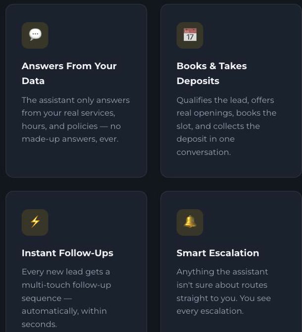 Close view of four Happy Client front desk capability cards: answers from your real services and prices, books and takes deposits, instant multi-touch follow-ups, and smart escalation to a human.