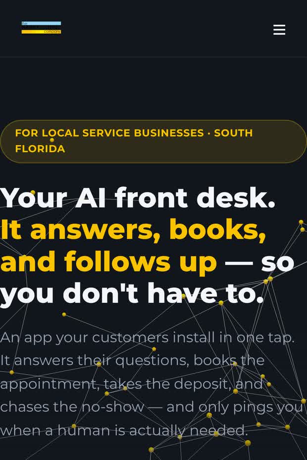Happy Client at phone width: your AI front desk, it answers, books, and follows up so you don't have to, above a see it on your phone button.