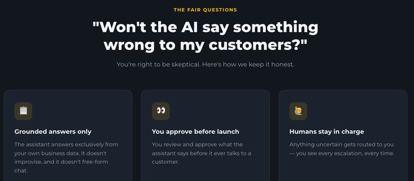 Happy Client objection section answering whether the AI will say something wrong to customers, with grounded answers only, you approve before launch, and humans stay in charge.