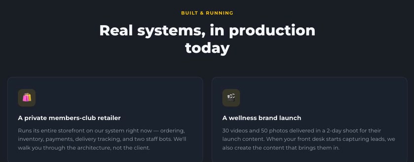 Real systems in production on the Happy Client site: a private members club retailer running ordering, payments and delivery tracking, and a wellness brand launch.