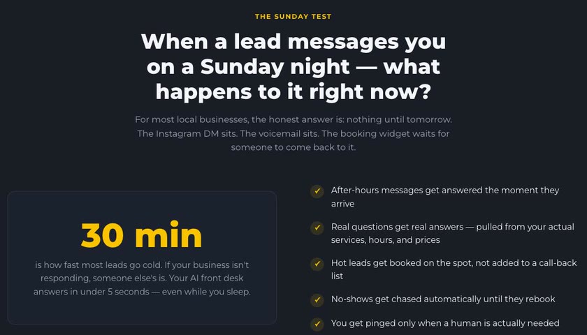 Happy Client site opening question, when a lead messages you on a Sunday night, beside a 30 minute card and an after-hours checklist covering booking, no-show chasing and human escalation.