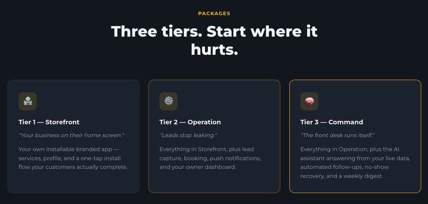 Happy Client packages as three tiers, Storefront, Operation and Command, describing what the AI front desk covers at each level.