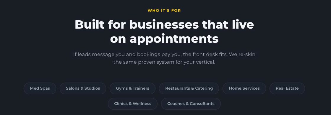 Happy Client vertical pills: med spas, salons and studios, gyms and trainers, restaurants and catering, home services, real estate, clinics and wellness, coaches and consultants.