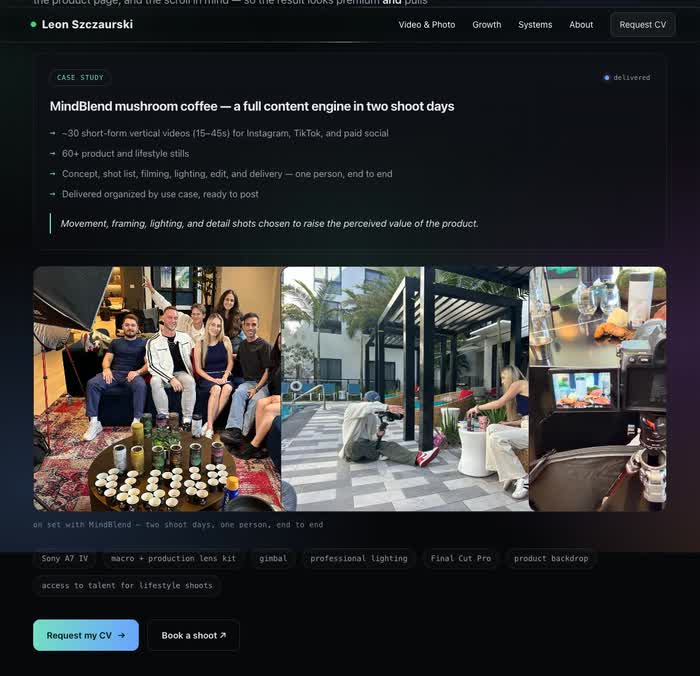 Case card on szczleon.com for the MindBlend mushroom coffee content engine, described as a full content engine built in two shoot days, with the production stills grid and delivery tags beneath it.