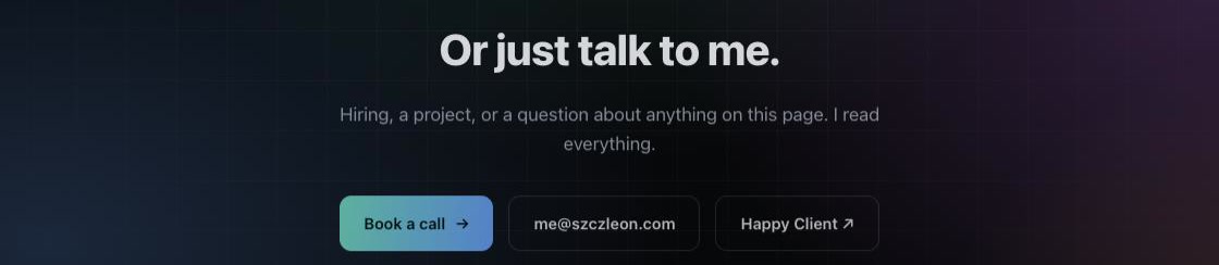 Contact block on szczleon.com with book a call, direct email, and Happy Client pill buttons.