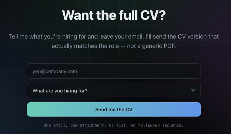 The CV email gate on szczleon.com: an email field, a role selector, and a send button that returns a CV matched to the role rather than a generic PDF.