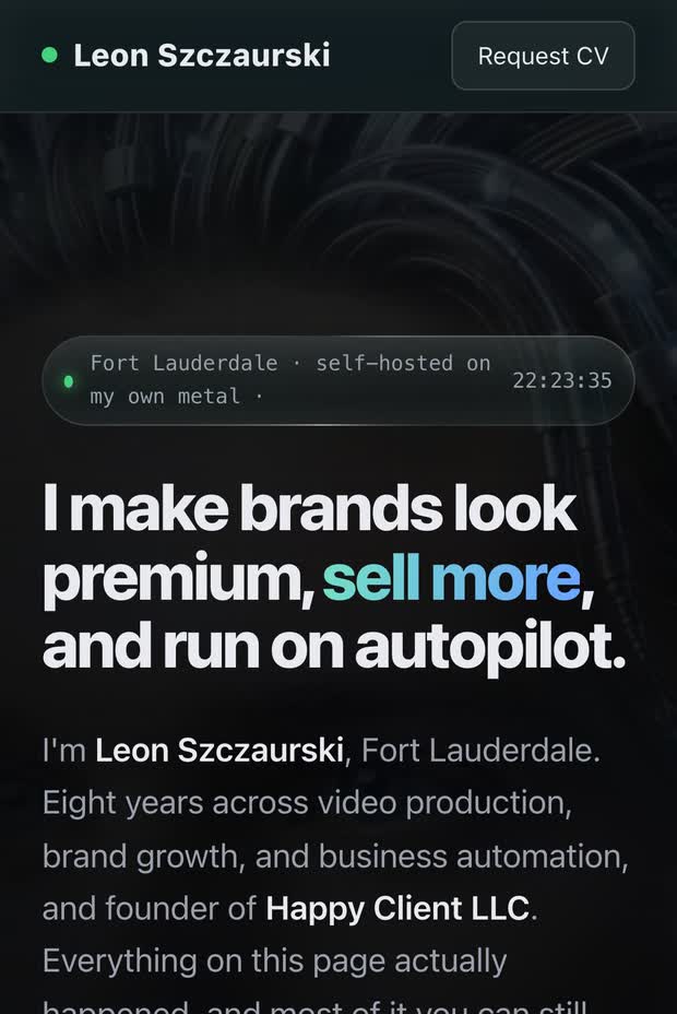 szczleon.com at phone width: a Fort Lauderdale self-hosted status line with a running clock above the headline about making brands look premium, sell more, and run on autopilot.