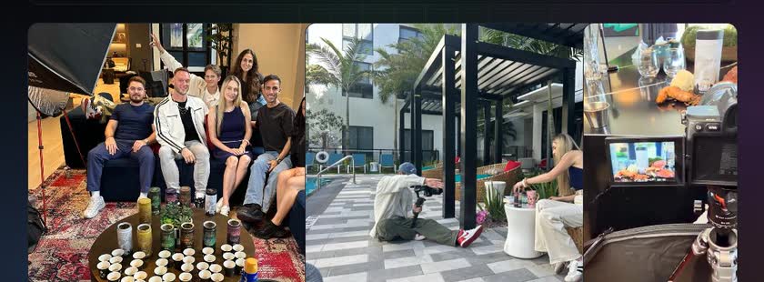 Three production stills on szczleon.com from the MindBlend shoot in Fort Lauderdale: a talent group shot poolside, a styled product spread, and a lit interior setup.