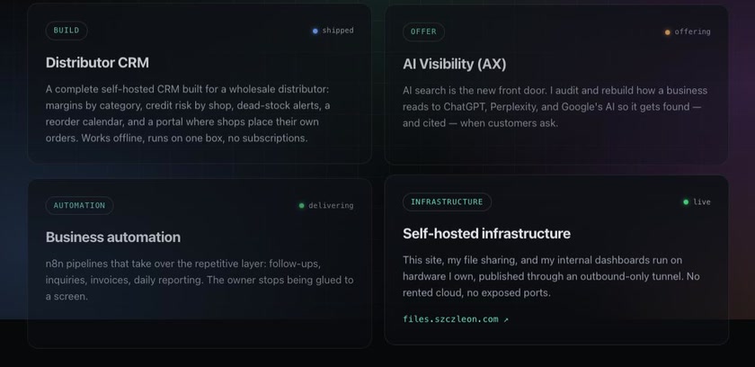 Systems cards on szczleon.com: Distributor CRM, AI Visibility work, business automation, and self-hosted infrastructure, each linking through to a real build.