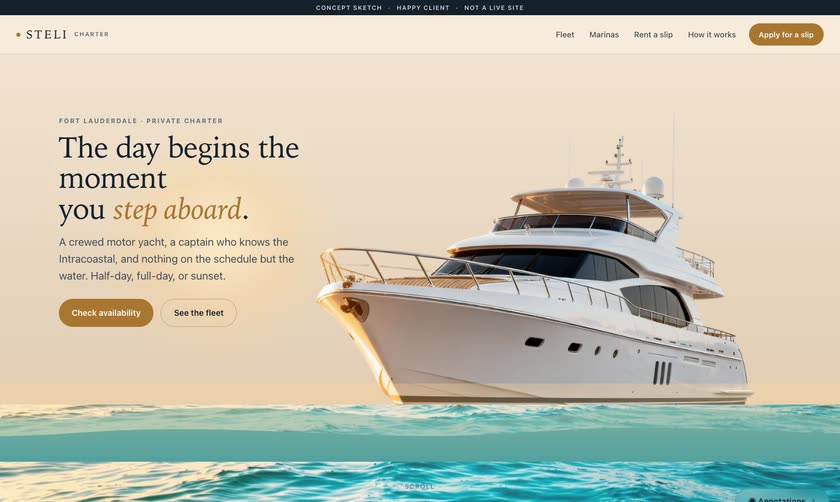 Hero of the Steli private charter concept sketch: a motor yacht on the Intracoastal under the headline the day begins the moment you step aboard.
