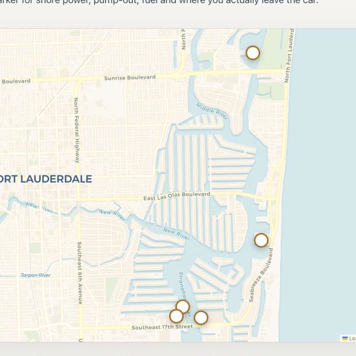 Interactive dock map on the Steli concept sketch, centred on Fort Lauderdale with selectable slip markers across five marinas.