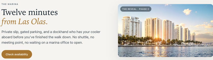 Twelve minutes from Las Olas: the Steli concept sketch marina reveal with a private slip photograph and a check availability button.