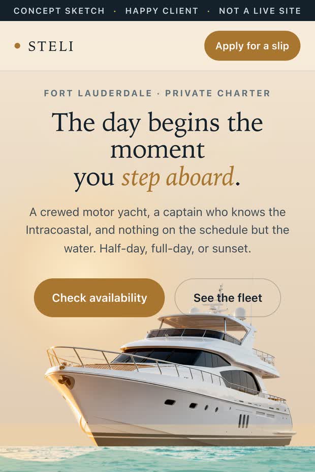 The Steli charter concept sketch at phone width: the step aboard headline over a motor yacht, with check availability and see the fleet buttons.