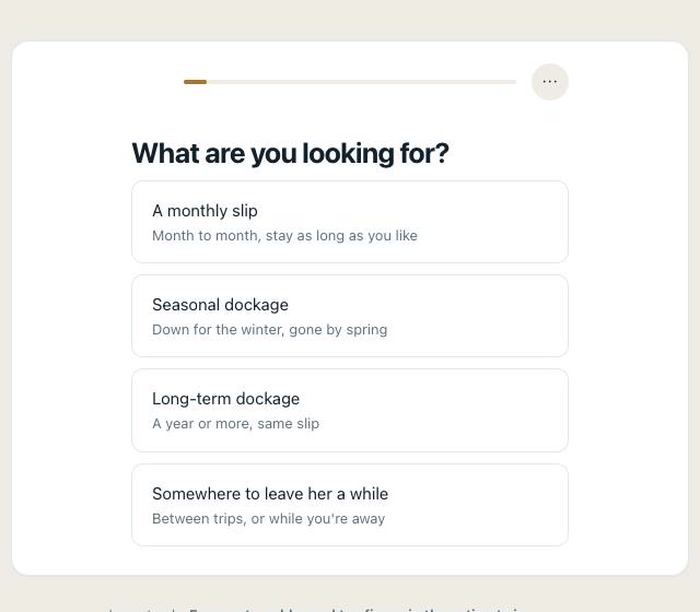 Slip application wizard on the Steli concept sketch asking what are you looking for, offering monthly, seasonal, long term and transient dockage one question at a time.